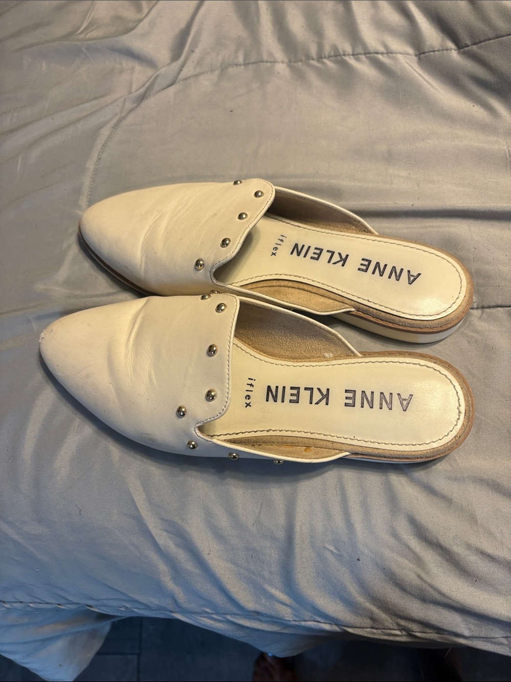 Anne Klein White Leather Pointed Slip-On Mules with Silver Studs